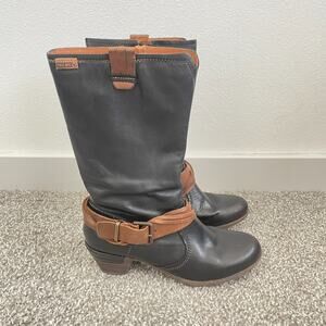 Pikolinos Vicar Calf Boots Women 38 US 7 Black Brown Leather Rider Classic